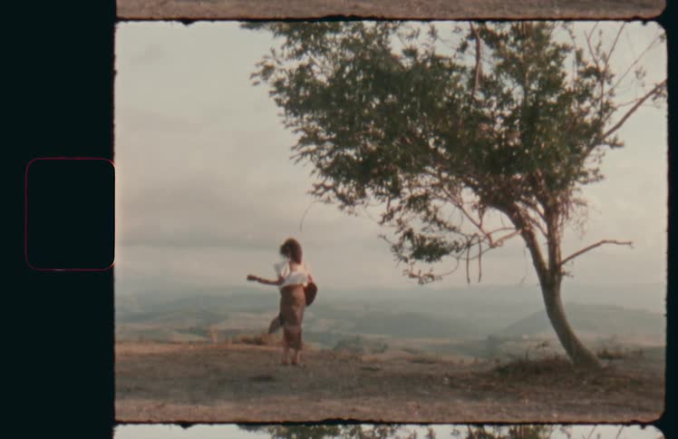 A woman with a guitar being whipped by wind as she stands near a tree on a cliff that overlooks a hilly countryside