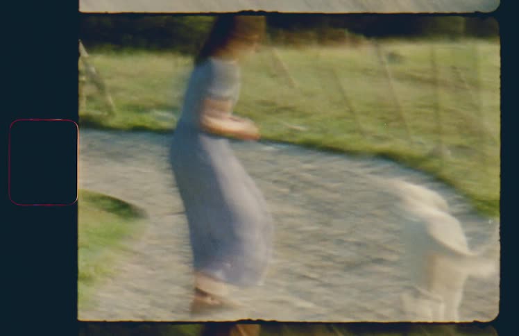 A woman plays with a dog on a rural farm dirt pathway