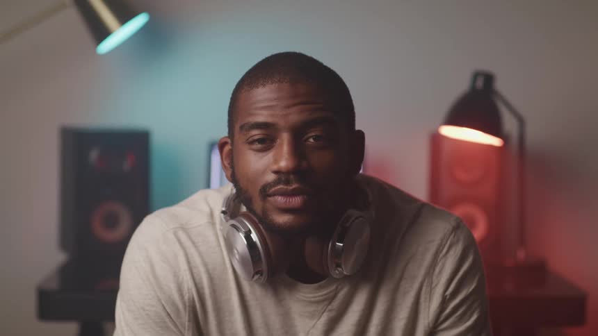 A man sitting with his back turned to a computer desk with headphones around his neck turns his head to look into the camera