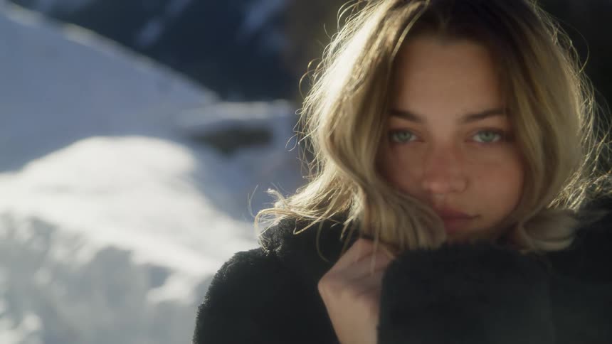 A woman with a coat standing and staring with a snow covered mountain range in the background