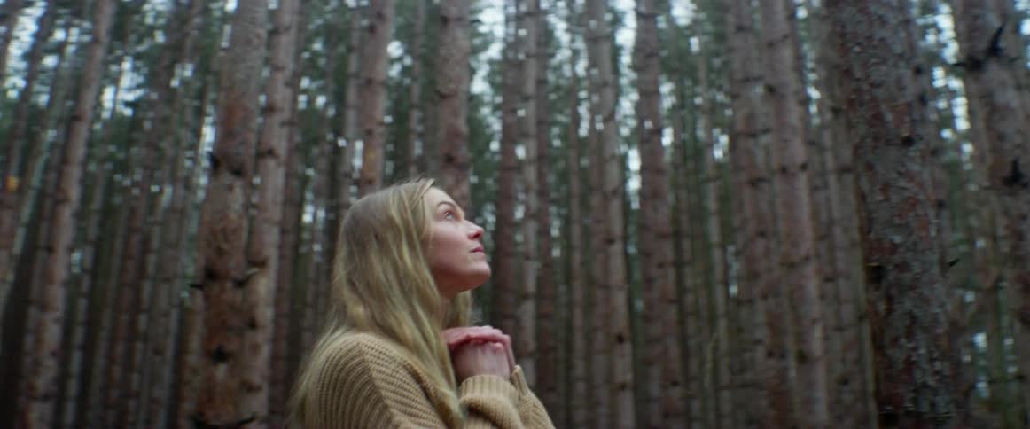 Young blonde woman standing on the forest looking at the sky