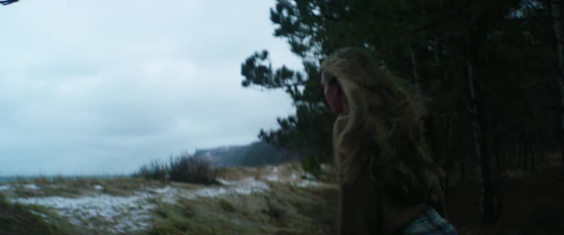 A woman walks through the trees toward the ocean on a windy cloudy day