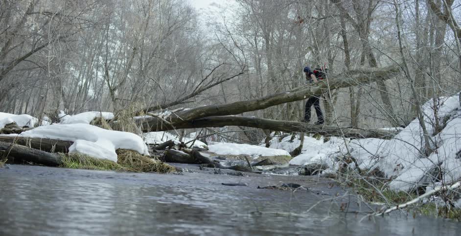 A woman walks across a tree trunk lying over a river