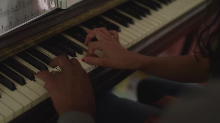 A man and a woman sitting and playing the piano
