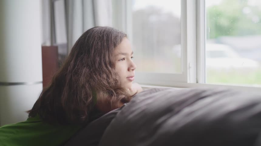 A girl gazes out a window while resting on a sofa in the living room of a house