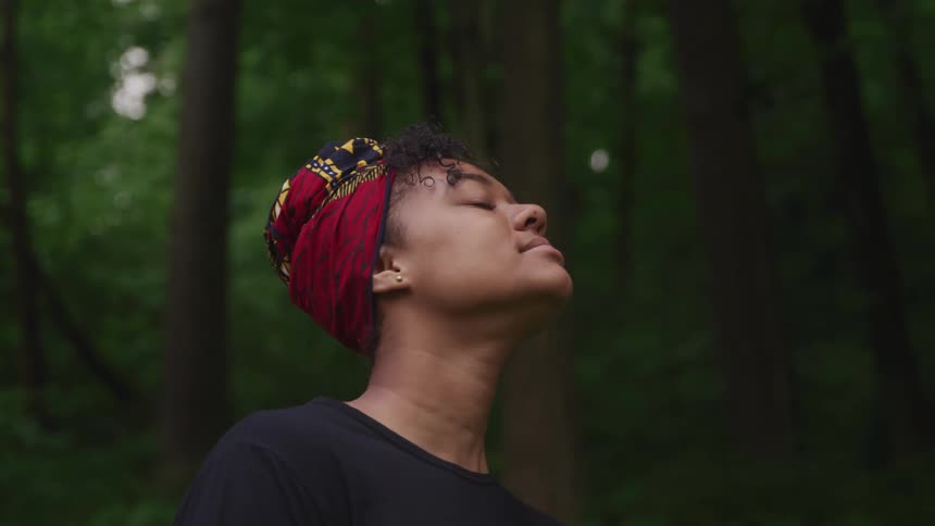 A woman standing in the forest with trees the sky and clouds in the background