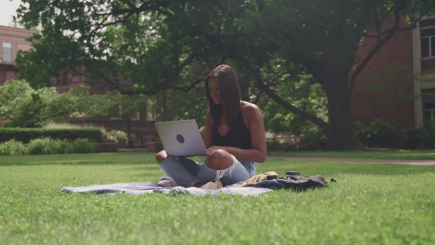 Woman sitting on a blanket over the lawn using a laptop