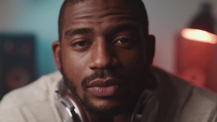 A man looks forward and smiles as he sits at home with headphones around his neck