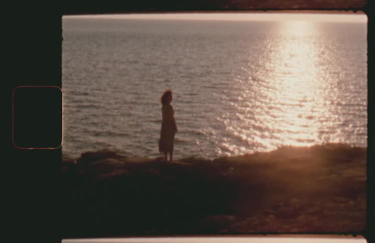 A woman stands on a rocky shore looking out at the ocean with the wind blowing her hair and dress
