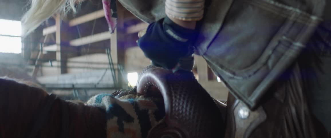 A woman climbs into the saddle of a horse in a stable during the day