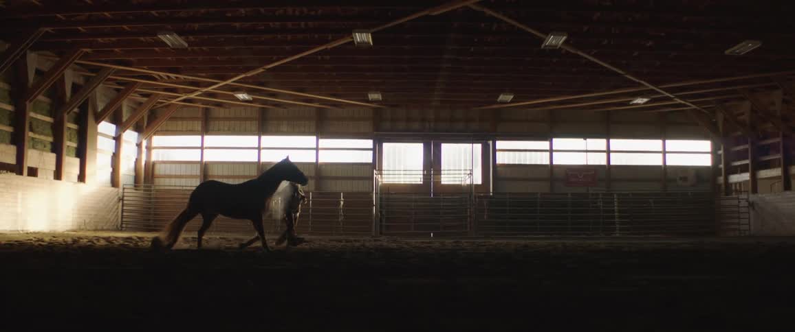 A woman swings a rope as she walks with her horse in a stable