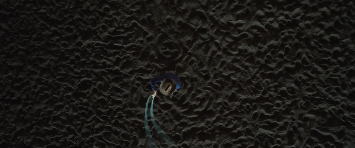 Person wearing cowboy hat walks across dirt swinging lasso