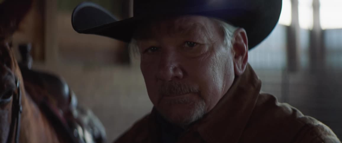 An elderly cowboy posing for a portrait in a barn