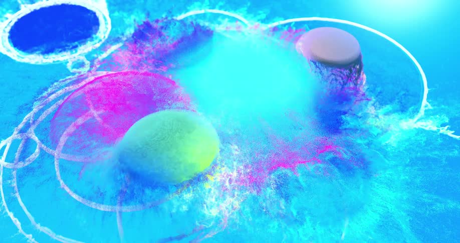 A rendered view of spheres full of paint popping