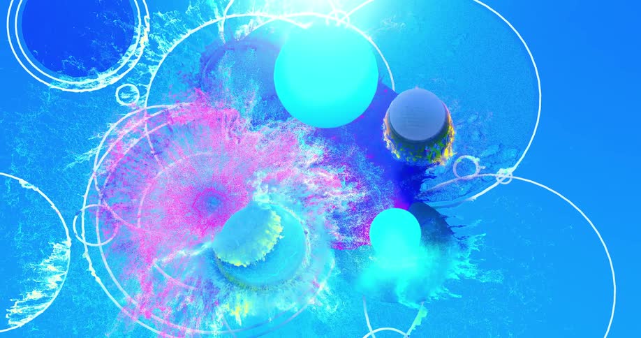 Blue circles of varying shades and sizes explode into different colors