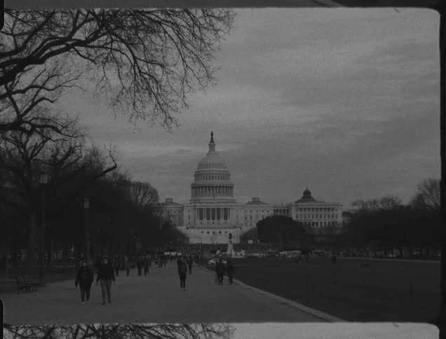 People walking on a pathway next to trees with the capital building the sky and clouds in the background
