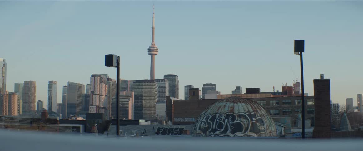 Graffiti marks the dome of a city building across from downtown