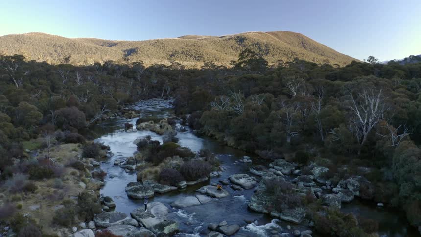 An aerial view of a river flowing through forest trees in nature