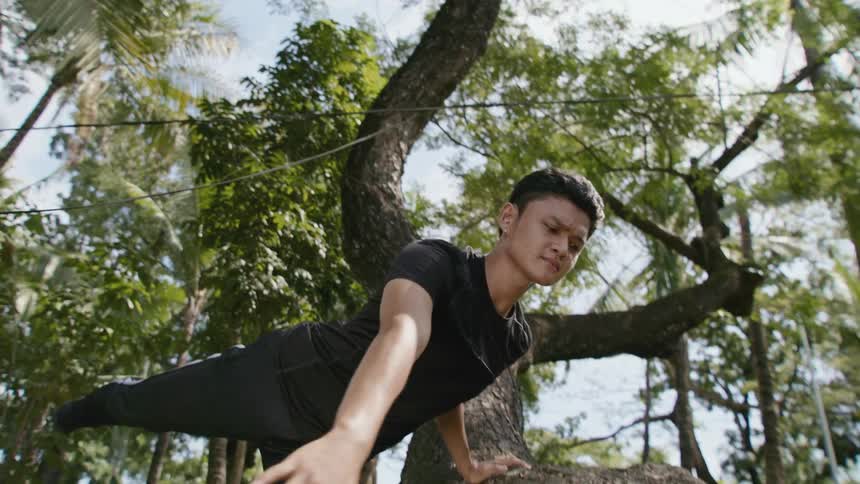 A male ballet dancer dancing beside a tree trunk outside