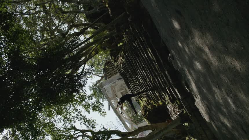 A person dancing on stairs surrounded by trees with the sky and clouds in the background