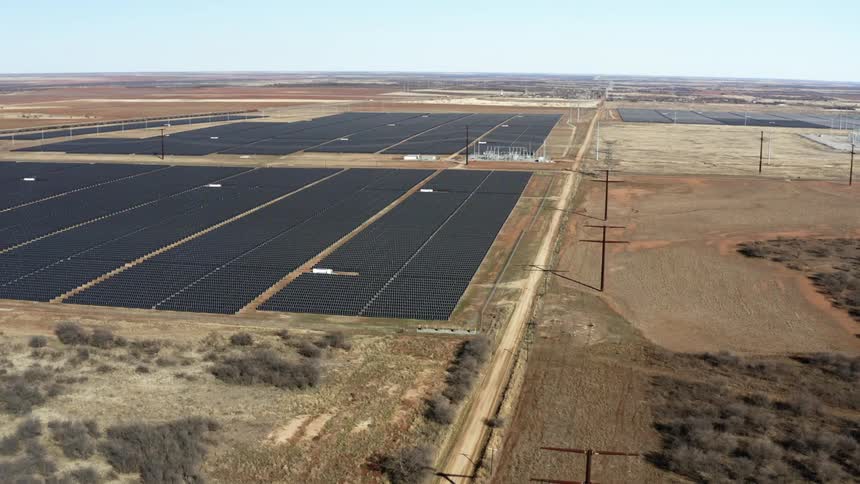 An aerial view of a solar farm