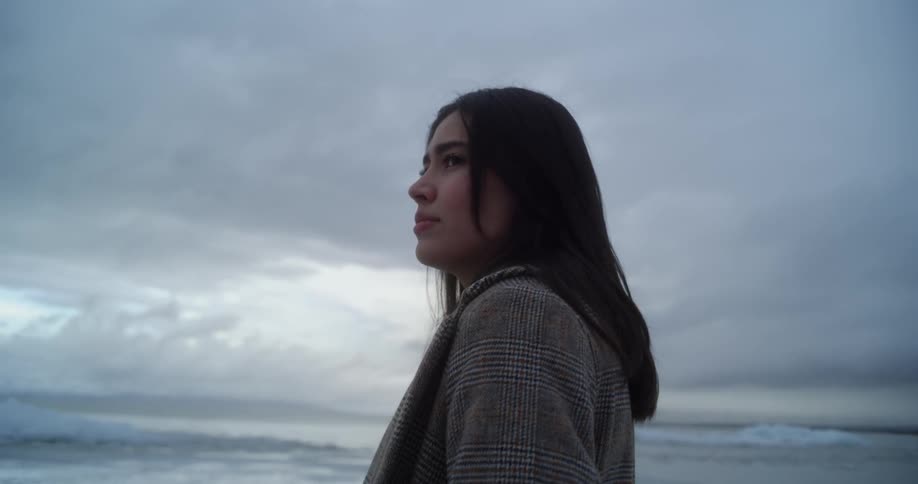A woman stands at the edge of the beach and turns around to look behind herself