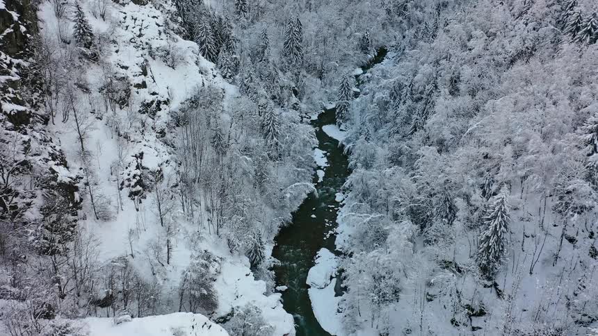 An aerial view of a river at winter