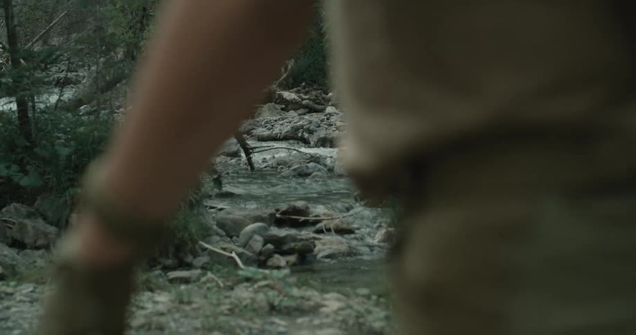 A man hikes along a river in a forest during the day