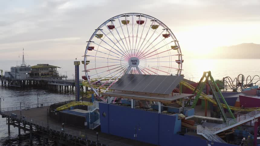 An aerial view of a park that is on a pier