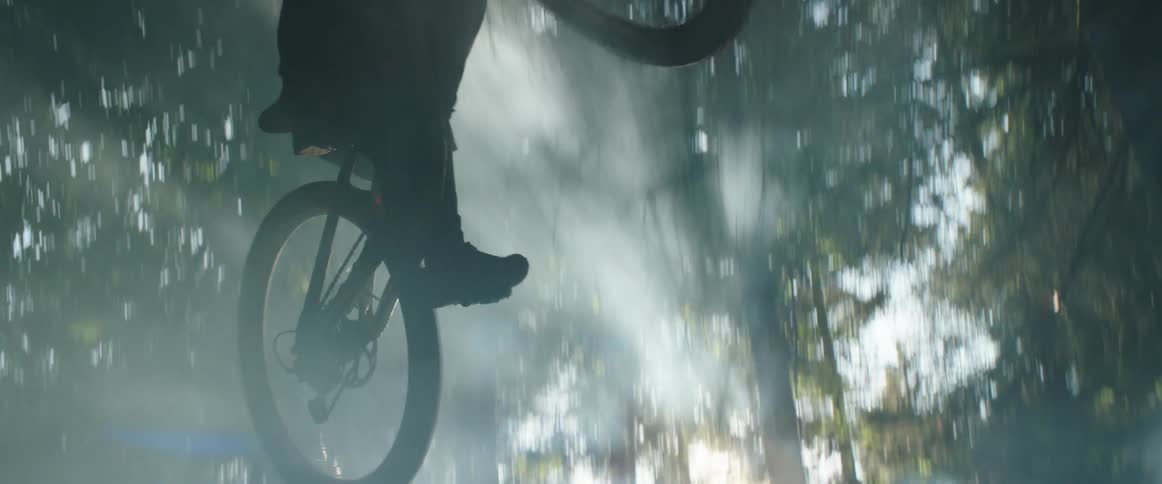 A person jumping a bike in a forest through shafts of light