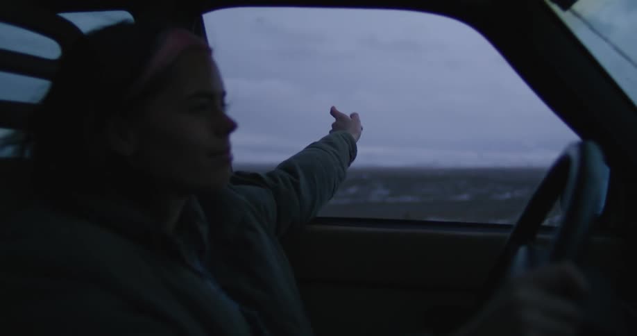 A woman driving with her arm out the open window on a cloudy evening