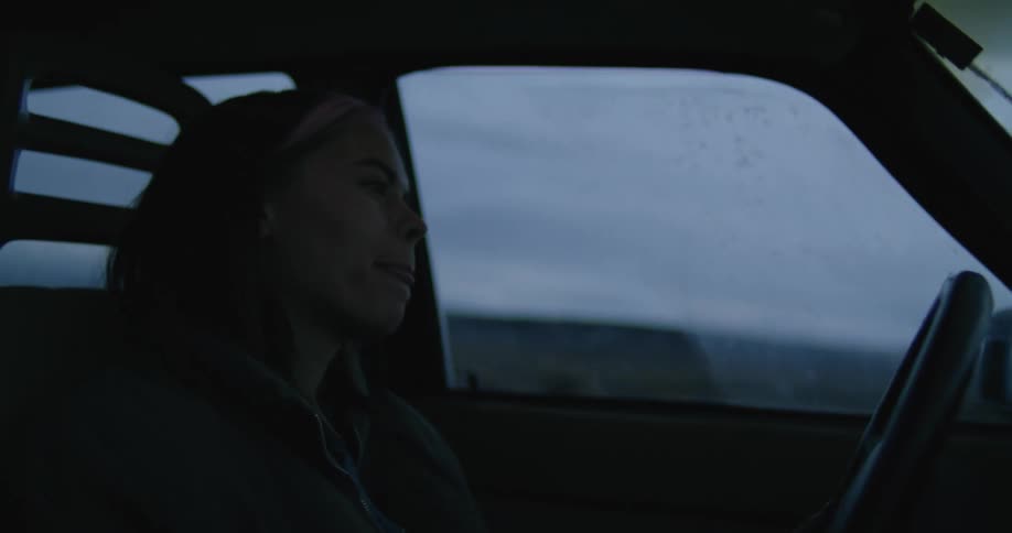 A woman driving a vehicle and turning the steering wheel with a landscape the sky and clouds in the background
