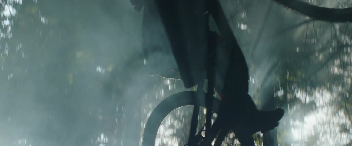 Person jumps bicycle high through foggy forest lit by sun rays