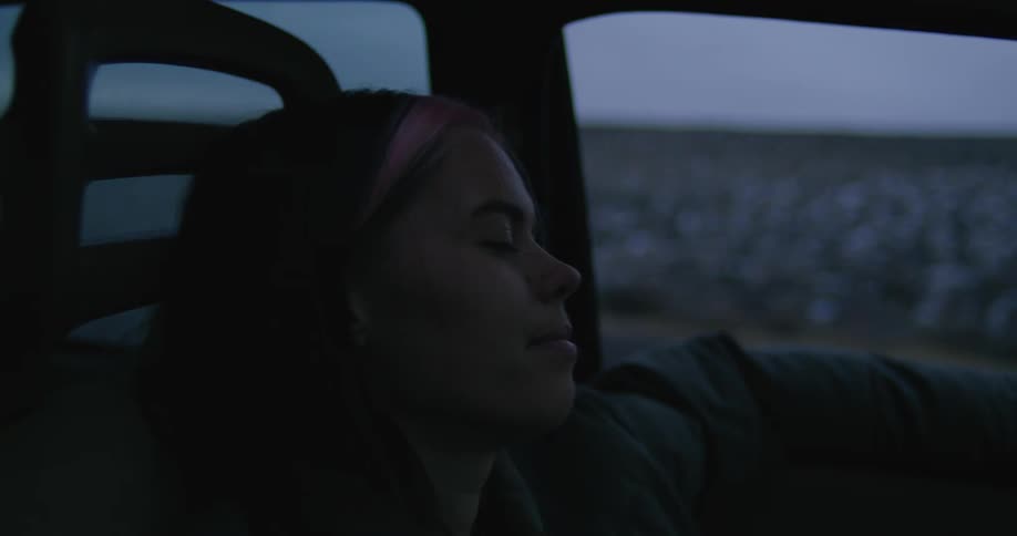 A woman sitting in a vehicle with a landscape the sky and clouds in the background