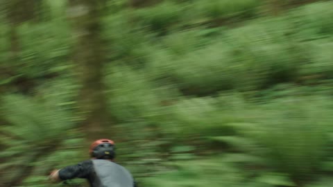 A mountain bike athlete races full-speed down a lush forest trail