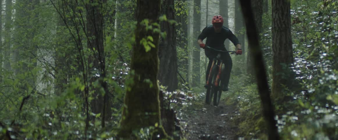 Man rides a mountain bike on a trail towards camera through the foggy forest