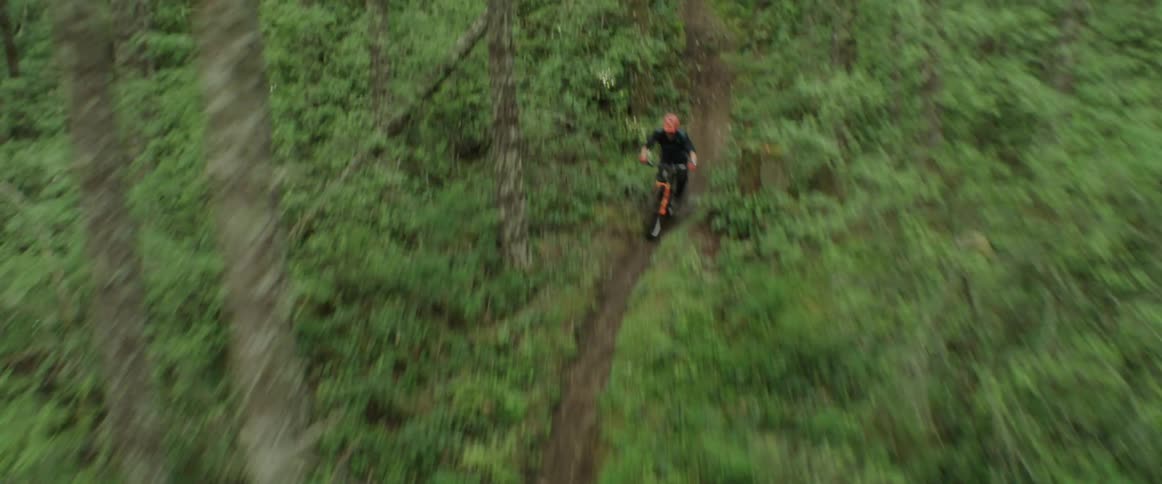 A high-speed aerial view of person racing a mountain bike down a trail in a forest