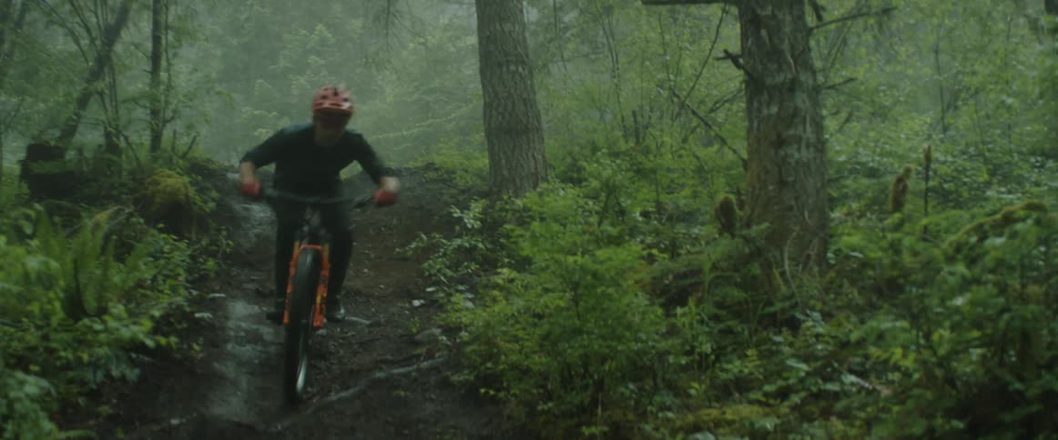 A cyclist jumps over a dirt drop on a trail in the foggy woods