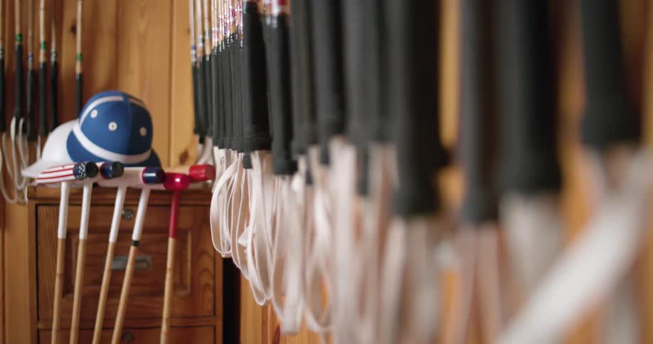 Sports equipment hanging on a wall