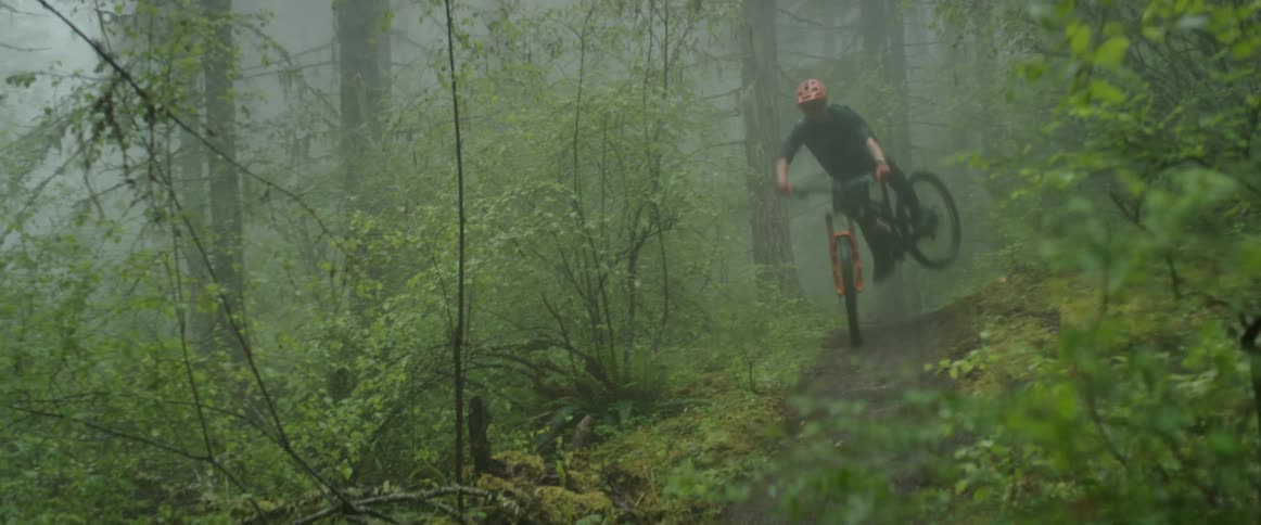A mountain bike rider jumps and whips over a small hill on a trail through the foggy forest