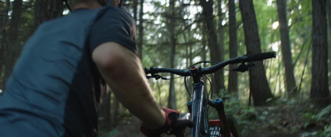 A man walking a bicycle up a hill in a forest
