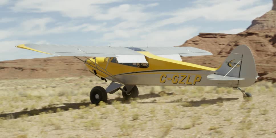 A plane slowly takes off on a field