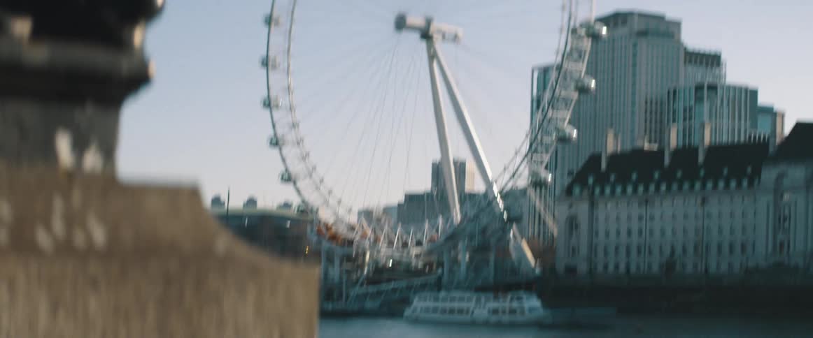A large ferris wheel next to a river in at the edge of a city at daytime