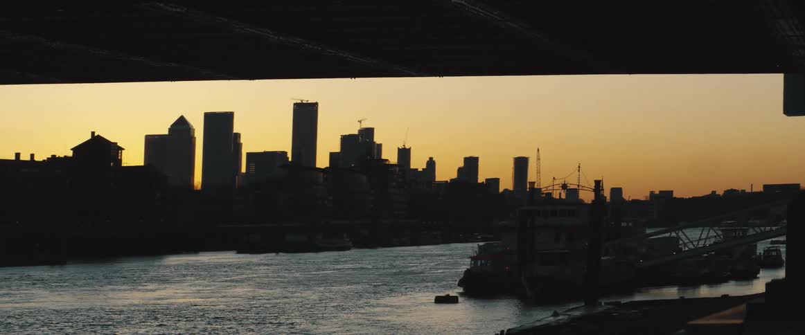 A view of a city skyline at dusk