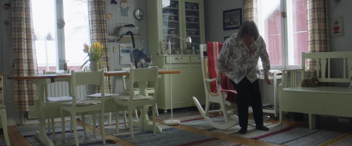 A woman in a room sitting on a rocking chair with a cat on a table next to her