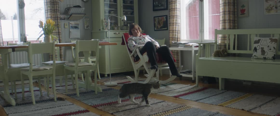An elderly woman sits in a rocking chair and watches her cat jump up to a bench