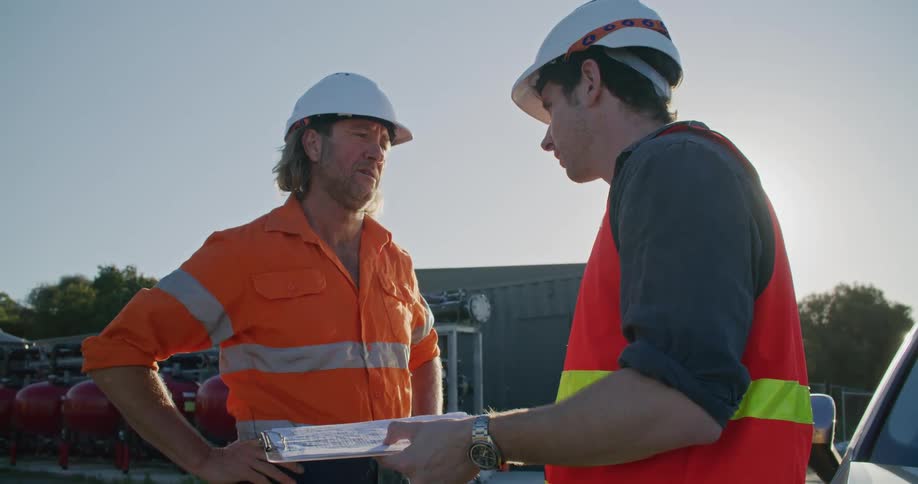 Two construction workers reading papers at a job site