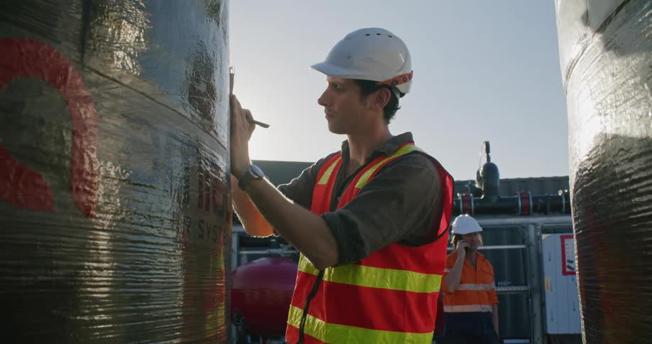 A man taking measurements on a piece of paper on a clipboard pressed against a cylinder wall while a flare of sunlight shines behind him