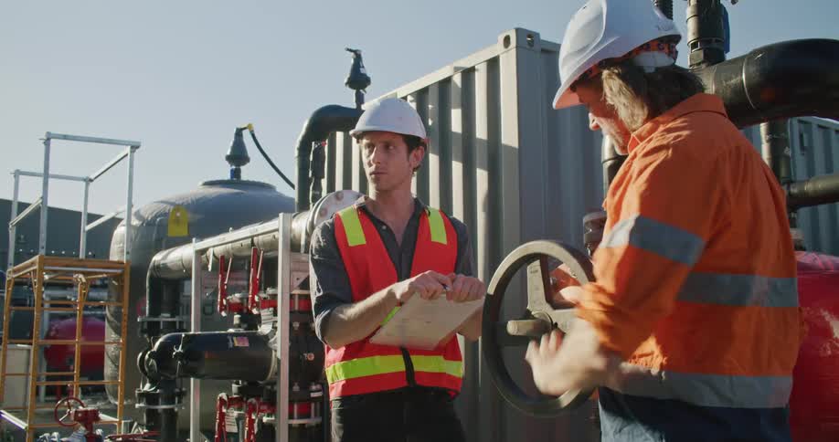 A worker holding a clipboard while having a conversation with a coworker outdoors at a energy facility