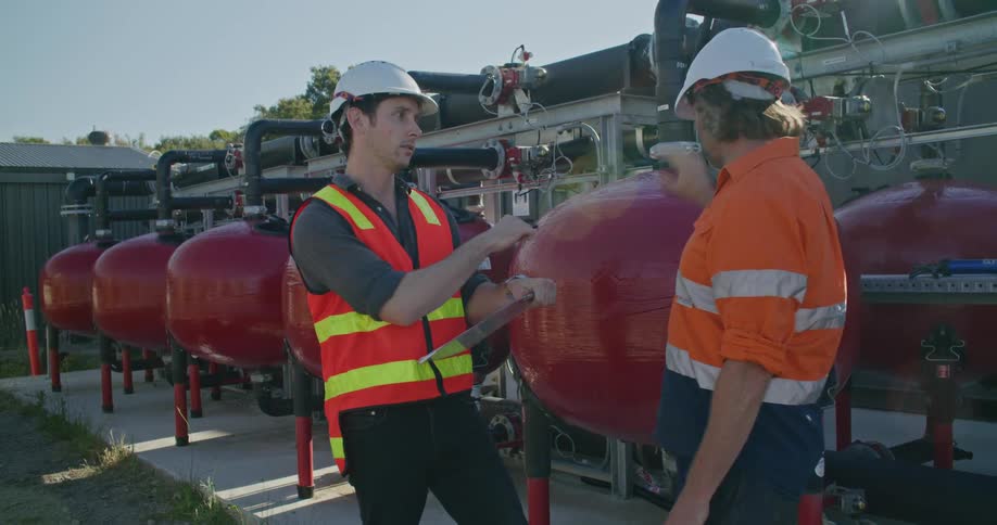 Construction supervisors wearing white hard hats talking in front of red container tanks